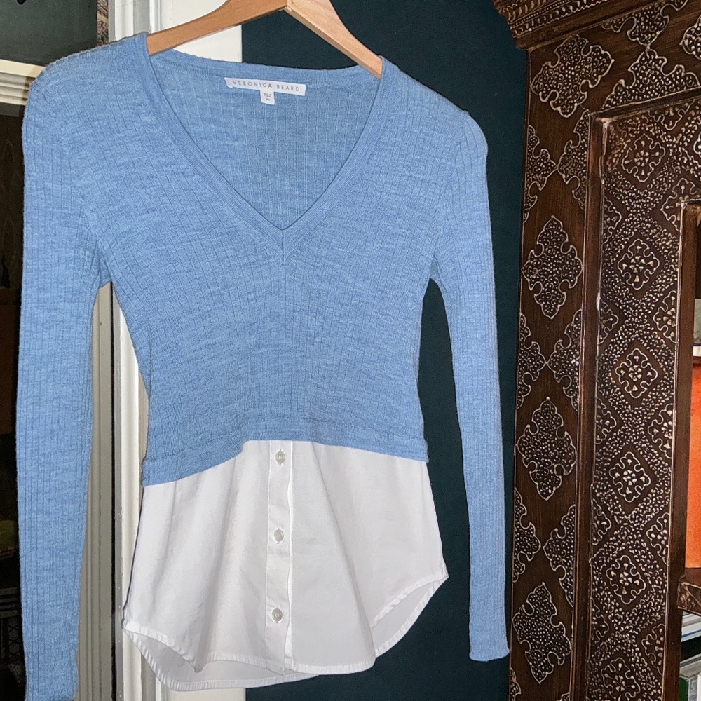 Veronica Beard Blue Layered Knit Sweater with Shirttail Hem